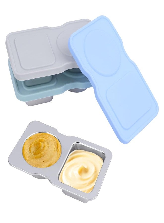 VKVXCLON 3 Pack Salad Dressing Containers,Double Compartment Small Condiment Containers with Silicone Cover,for Holding Salad,Sauce,Nuts, Leak-Proof Reusable Stainless Steel Container for Office,Picnic,Travel - Image 1